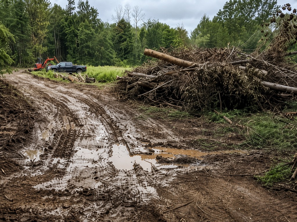 Land clearing site with excavator and piled tree debris after lot clearing