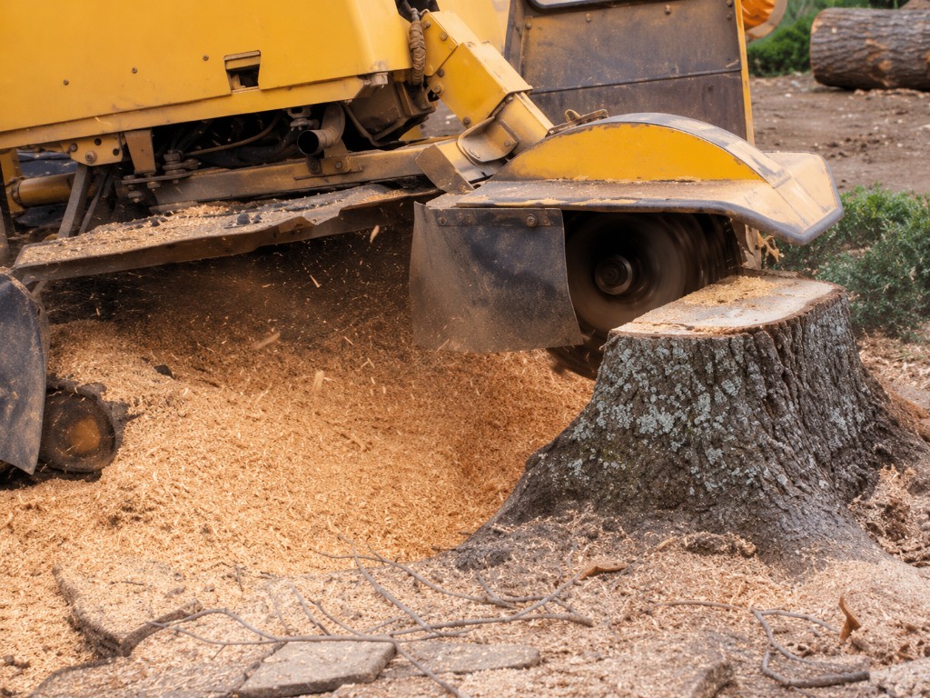 Stump grinder in operation removing a tree stump with wood chips flying